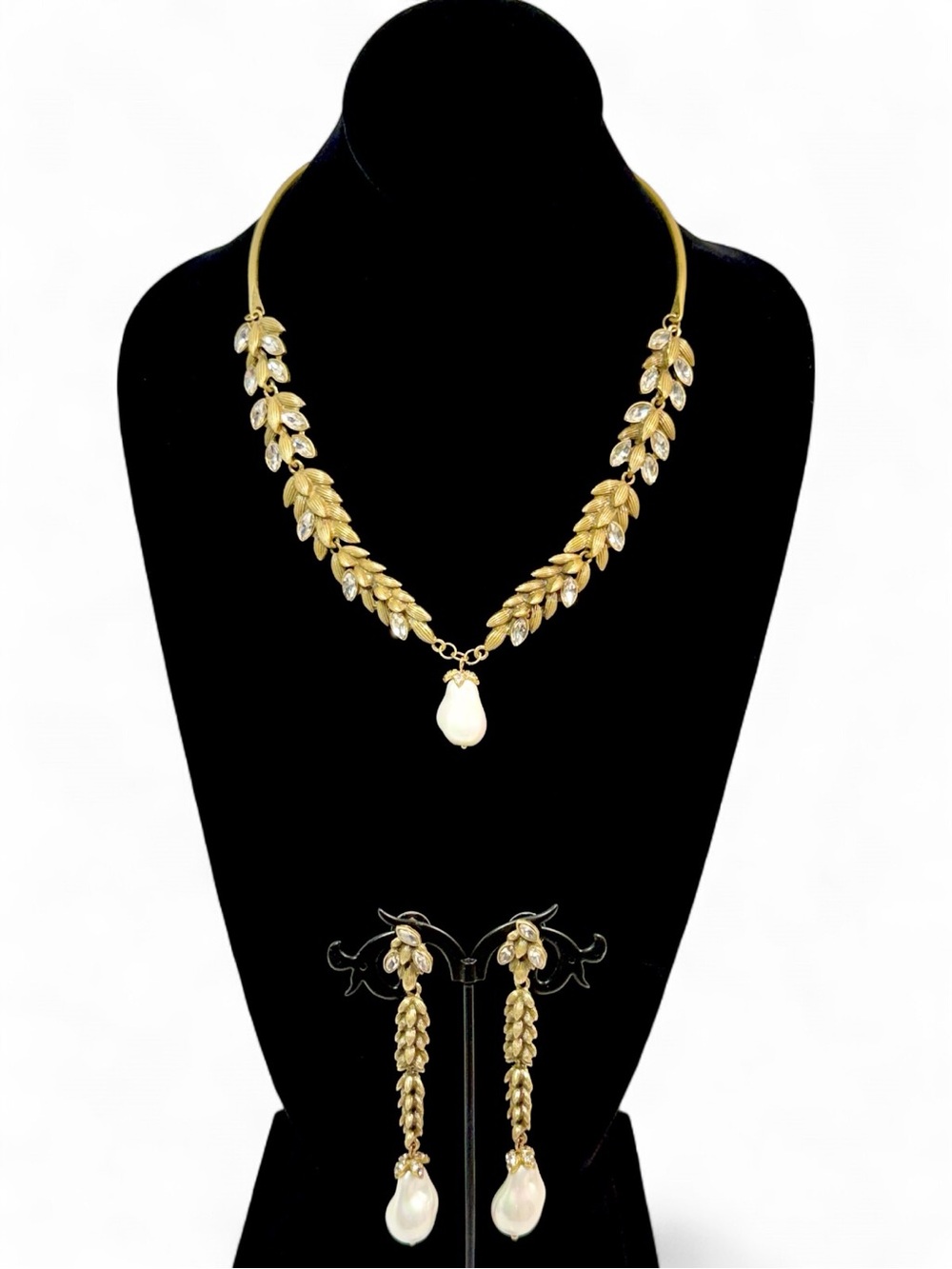 Gold Leaf Crystal Pearl Necklace & Earrings Set NWT